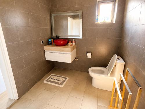 a bathroom with a toilet and a sink and a mirror at Oaks Penthouse - Flic en Flac in Flic-en-Flac