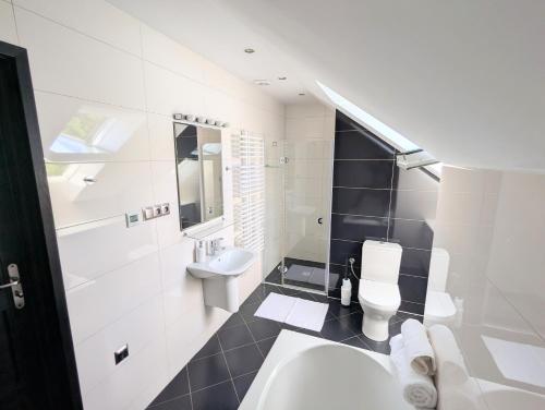 a white bathroom with a toilet and a sink at Ostań i Odpocznij Podzamcze in Podzamcze