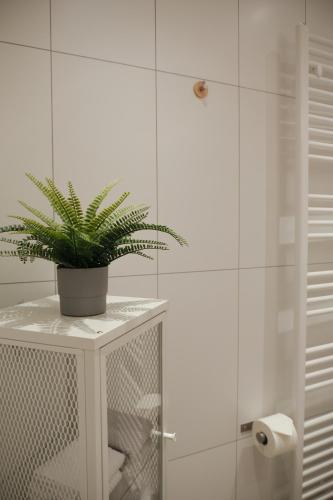 a potted plant sitting on a stand in a bathroom at Albview-Apartment1 -zentral-Nähe Klinik-Therme-Agilent in Waldbronn