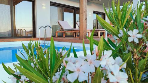 a villa with a pool and flowers in the foreground at Villa Tulivu in Paleros