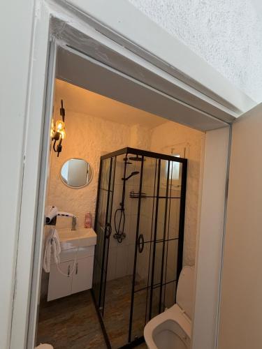 a bathroom with a shower and a toilet at Hotel Buse in Alaçatı