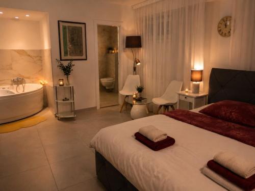 a bedroom with a bed and a tub and a bathroom at Luxury Apartment Saya in Banja Luka
