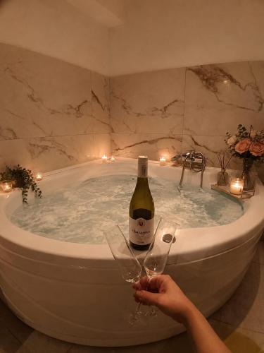 a person holding a glass of wine in a bath tub at Luxury Apartment Saya in Banja Luka