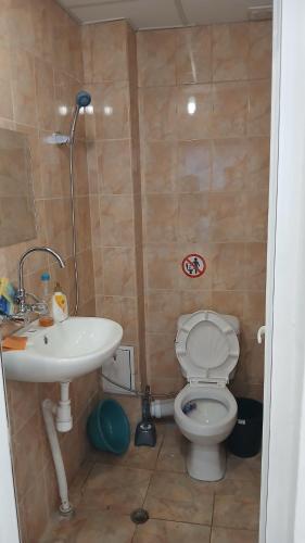 a bathroom with a white toilet and a sink at Studio Miguel in Veliko Tŭrnovo