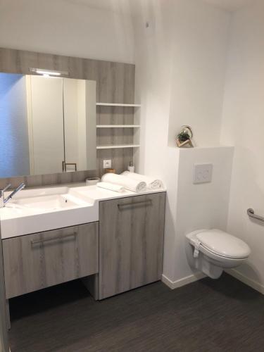 a bathroom with a sink and a toilet and a mirror at DOMITYS - Les Safrans in Dives-sur-Mer