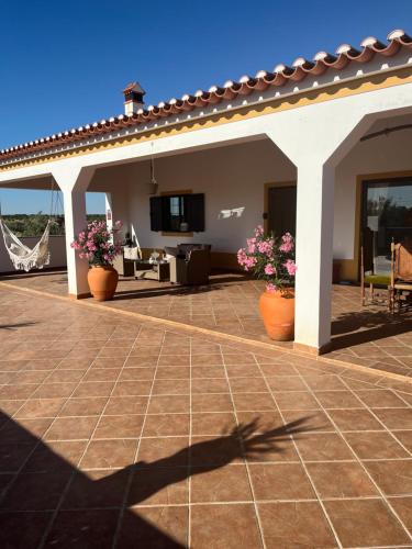 a patio with flowers in pots and a house at Quinta Monte da Azinheira in Amareleja