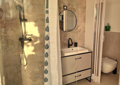 a bathroom with a shower and a sink and a mirror at Studio Miška in Bohinjska Bela