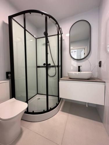 a bathroom with a glass shower and a sink at Vatra Dumeniului in Vorniceni