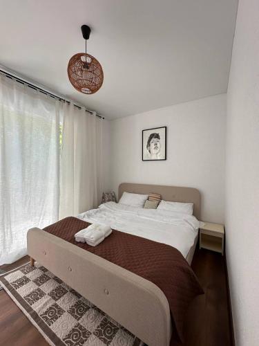 a bedroom with a large bed in front of a window at Vatra Dumeniului in Vorniceni