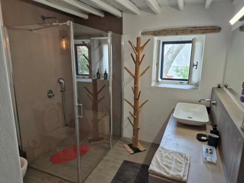 a bathroom with a shower and a toilet and a sink at House in Kamares - Sifnos in Kamares