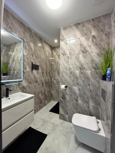 a bathroom with a sink toilet and a mirror at RVR Apartmanhàz in Sárospatak