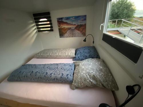 a bed in a small room with a window at Hausboot Optimo mit Hund in Wangerland