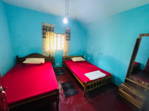 two beds in a room with blue and red walls at Green views in Norton Bridge