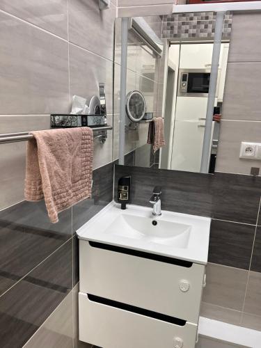 a bathroom with a white sink and a mirror at Centrum Apartman LEYLA 8 in Bardejov