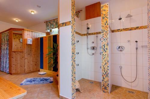 a bathroom with a shower and a toilet and a sink at Leitner Gästehaus in Scheifling