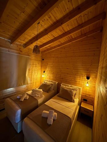 two beds in a room with wooden walls at Villa Manuel in Bajkaj
