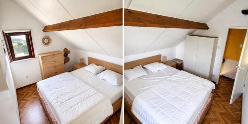 two images of a bedroom with two beds in it at Maxent aan zee in Middelkerke