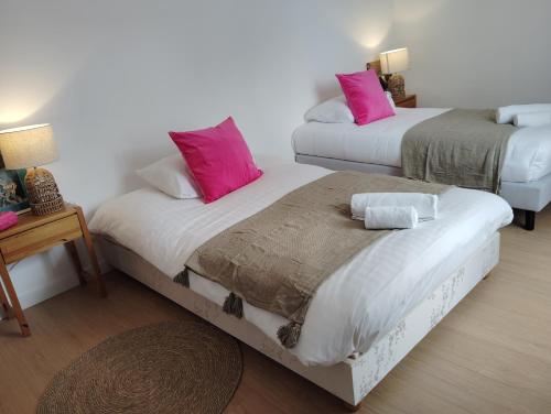 two beds in a room with pink pillows at La Maison du Petit Port in Nantes