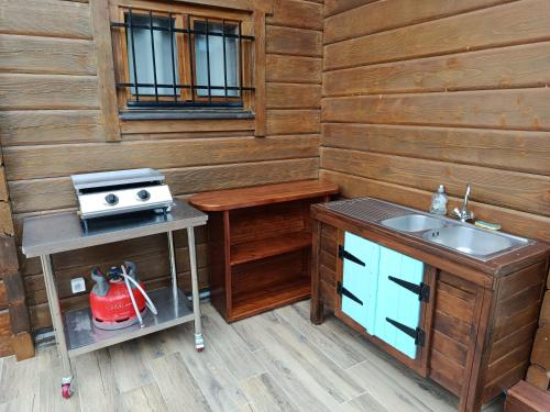 a kitchen with a sink and a stove at Loue chalet in Bias