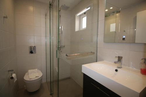 a bathroom with a shower and a sink and a toilet at Charming Vila Van Gogh in Luz