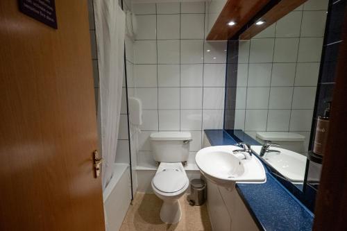 a bathroom with a toilet and a sink and a mirror at Saram Lodge Lichfield in Lichfield