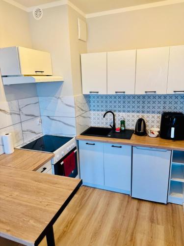 a kitchen with white cabinets and a sink at Zaczarowana Rotmanka in Rotmanka