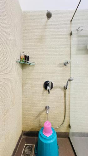 a shower with a pink and blue bucket in a bathroom at Deshco Oasis Suites, Alibaug in Chorondpāda