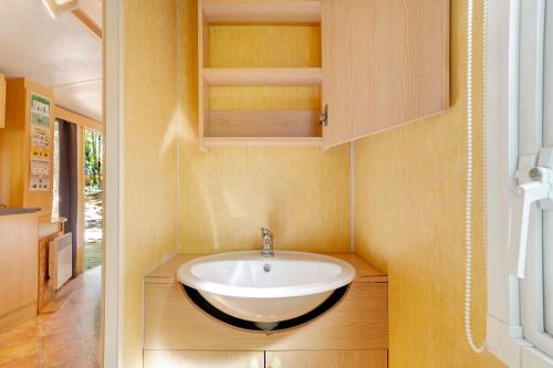 a bathroom with a sink in a room at 21.Mobil-home option clim-5 pers in Calviac