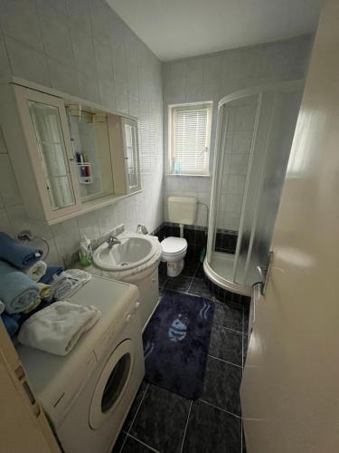 a bathroom with a toilet sink and a washing machine at Casa Rotti - Countryside Retreat near Krško in Krško
