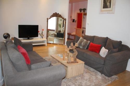 a living room with two couches and a mirror at Les Campanules in Les Houches