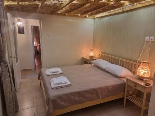 a bedroom with a bed with two towels on it at Andros house in Andros