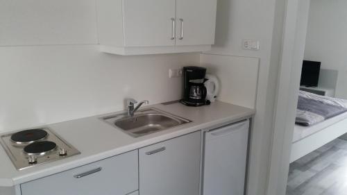 a kitchen with a sink and a coffee maker at Gästehaus Daniela in Schwanenstadt