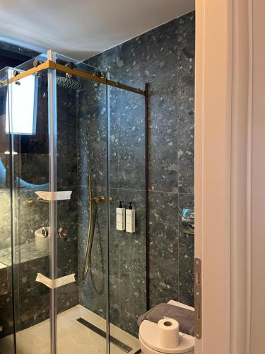 a bathroom with a glass shower with a toilet at SunSet Boutique Hotel in Neos Marmaras