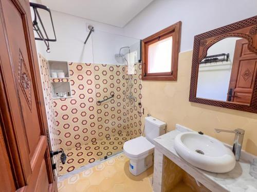 a bathroom with a sink and a toilet and a mirror at Oussoul House in Feddane Saïdi