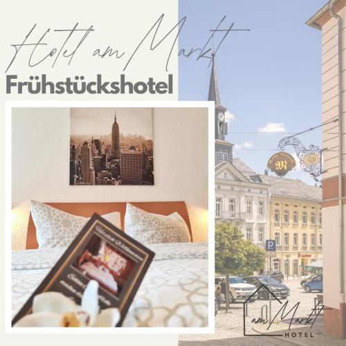 a collage of pictures of a bed and a city at Hotel am Markt in Bad Lobenstein