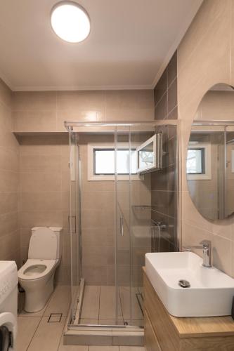 a bathroom with a shower and a toilet and a sink at Stellasrooms in Mytilene