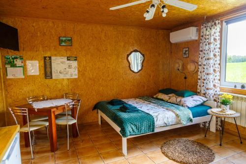 a bedroom with a bed and a table and chairs at Szyszkowy Domek in Milejczyce