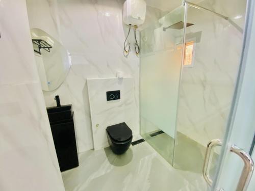 a white bathroom with a toilet and a shower at The Royal Enclave in Abuja