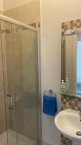 a bathroom with a shower and a sink at Slievebawn Accommodation in Sligo