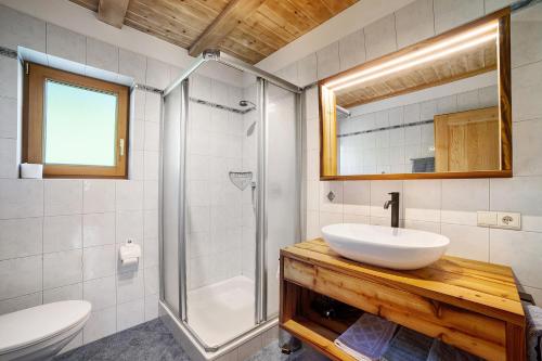a bathroom with a sink and a shower at Innerdurachhof in Santa Valpurga