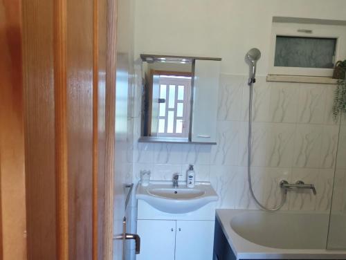 a bathroom with a sink and a mirror and a shower at Apartman Daniela in Neum