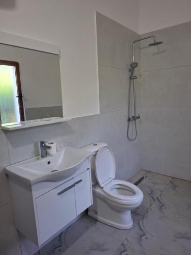 a bathroom with a toilet and a sink and a shower at Igli Hotel in Lezhë