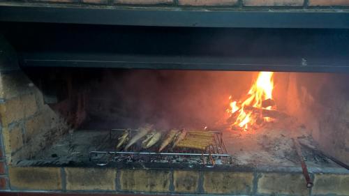a fire inside of a brick oven with flames at Aparthotel Pecic in Gradac