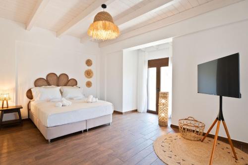 a bedroom with a bed and a flat screen tv at Lambda Luxury Villa 1 in Syvota