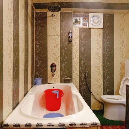 a bathroom with a tub with a red bucket in it at Houseboat New world in Srinagar
