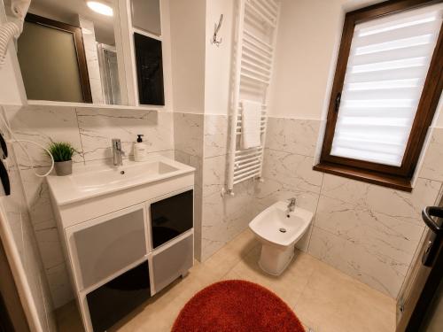 ein weißes Badezimmer mit Waschbecken und Toilette in der Unterkunft Casa TOP in Galu