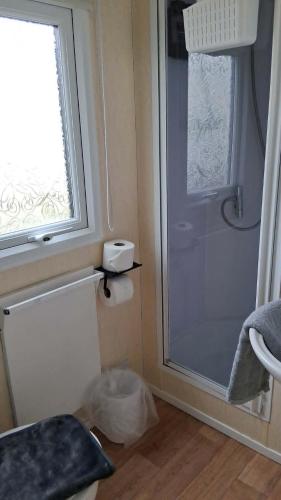 a bathroom with a shower with a glass door at ScotThistle in Kirkcowan
