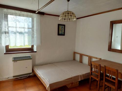 a bedroom with a bed and a table and a window at Chalupa na Žampachu in Žampach