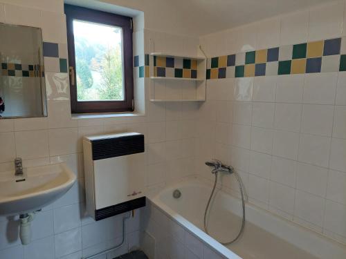 a bathroom with a sink and a bath tub and a window at Chalupa na Žampachu in Žampach