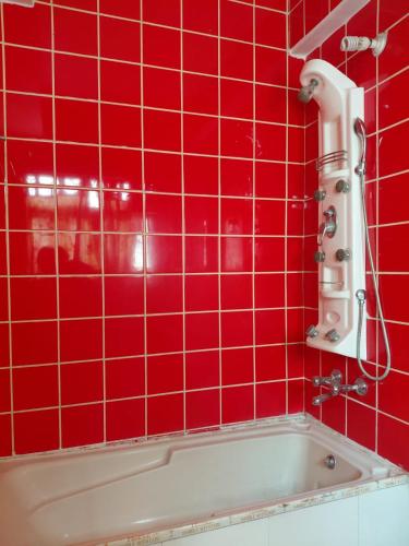 a red tiled bathroom with a white bath tub at Nilayam guest house in Patna
